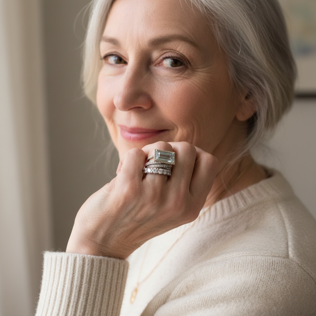 Vintage Silver Emerald Cut Crystal Ring Set