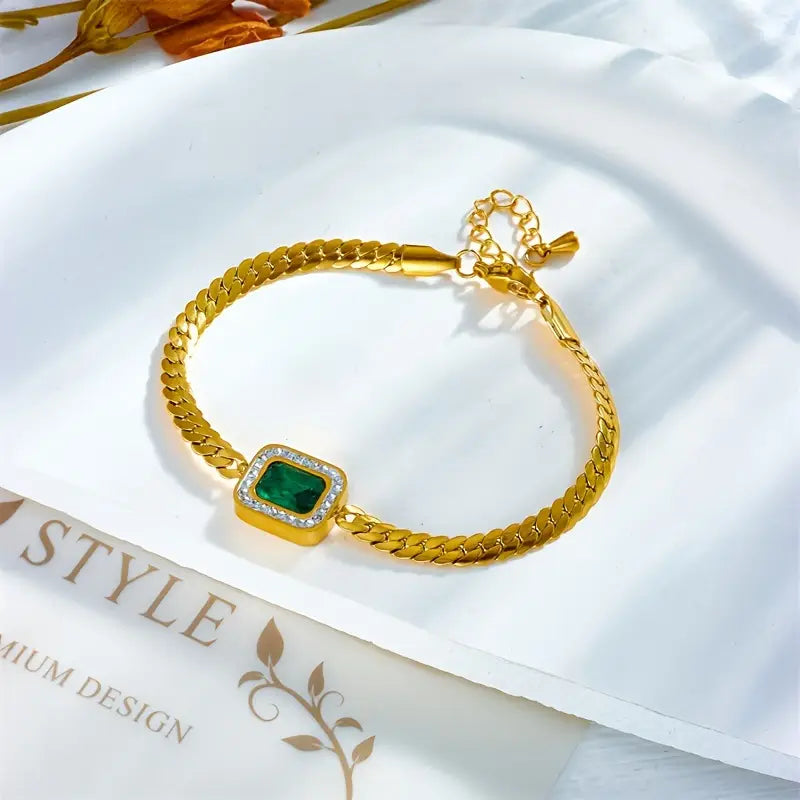 Green Gemstone Gold Chain Bracelet