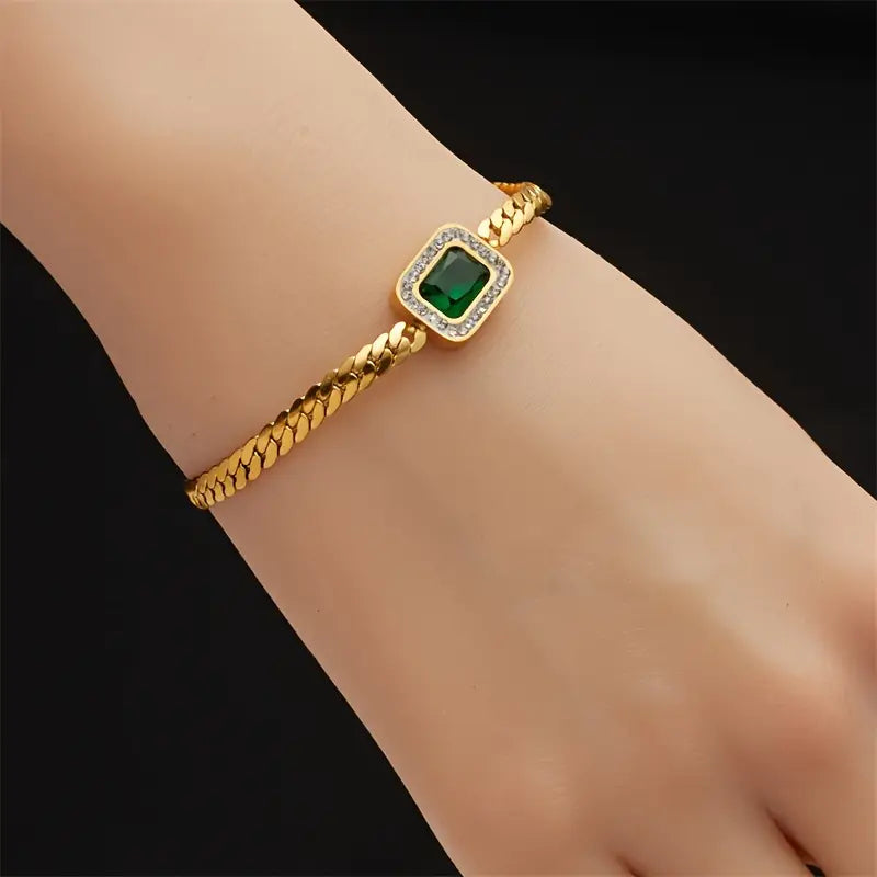 Green Gemstone Gold Chain Bracelet
