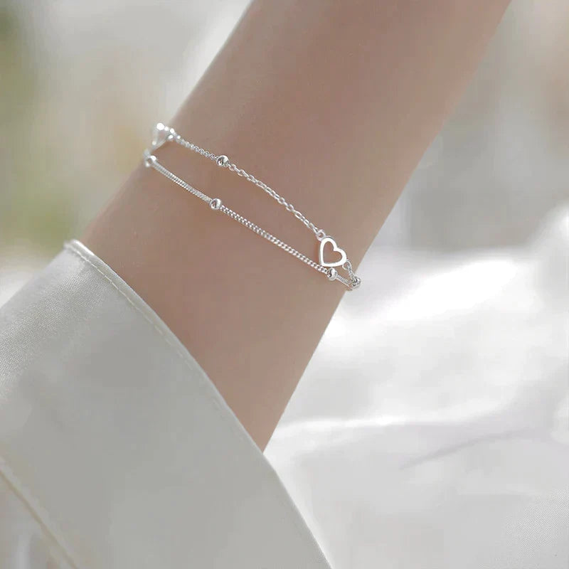 Adjustable Double Layer Silver Heart Bracelet