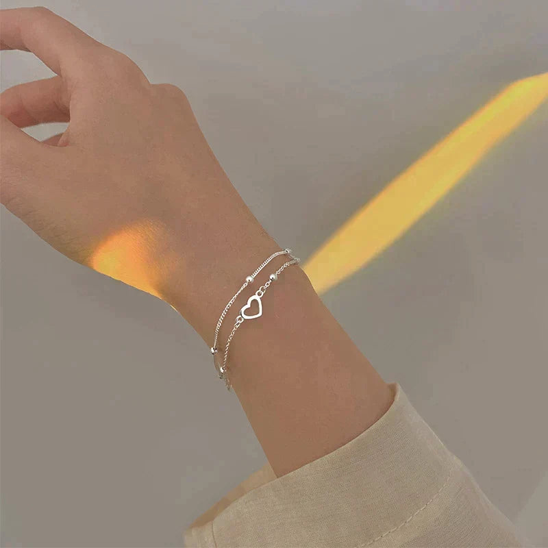 Adjustable Double Layer Silver Heart Bracelet