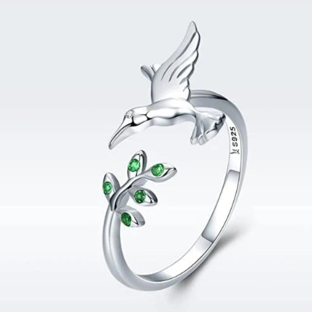 Silver Hummingbird Green Crystal Ring