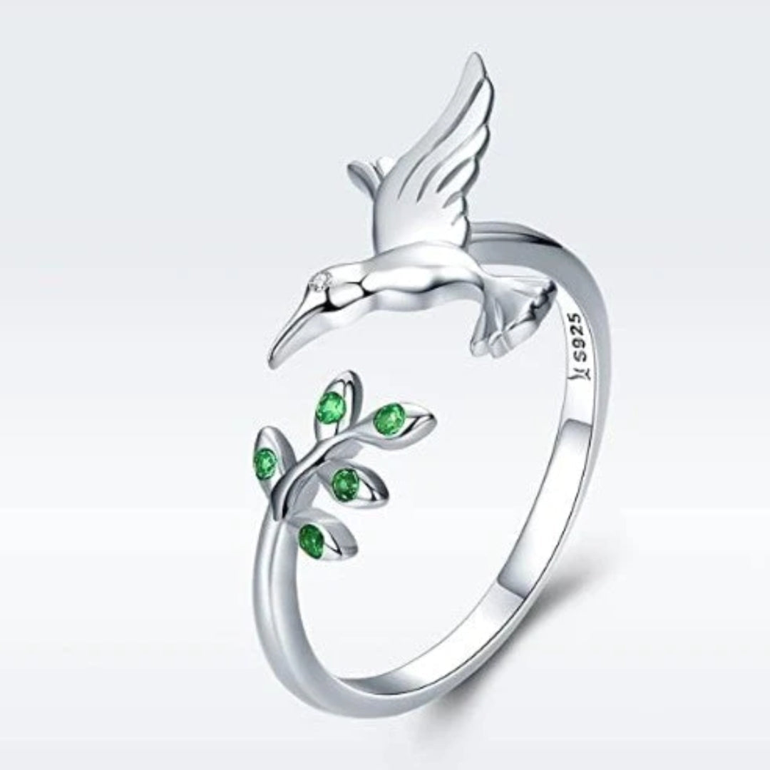 Silver Hummingbird Green Crystal Ring