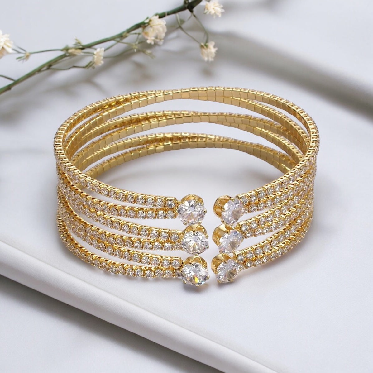 Cecilia Gold Crystal Multi Row Cuff Bracelet