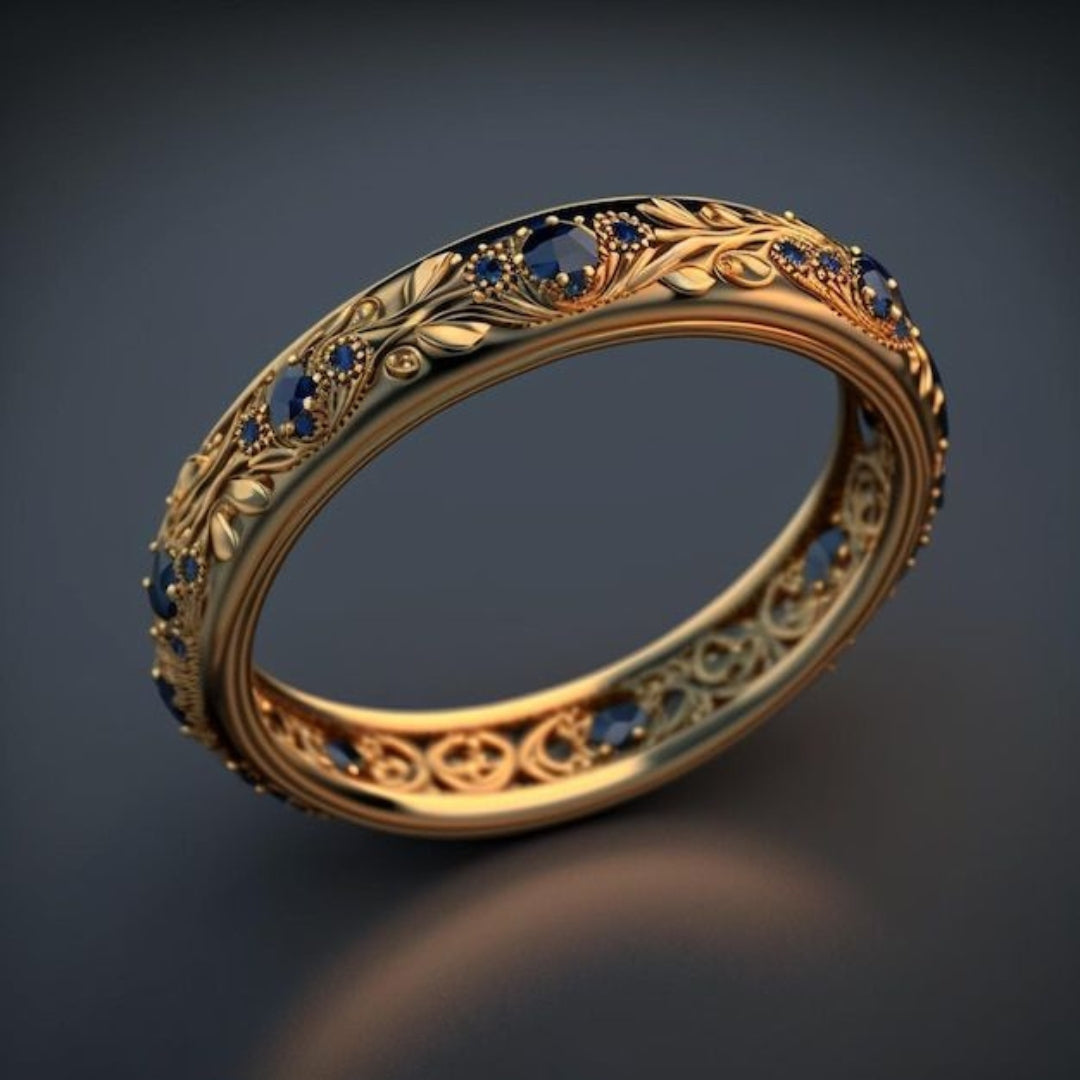 Blue Crystal Leaf Band Ring