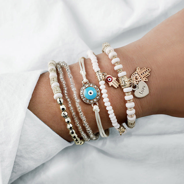 Hamsa Evil Eye Layered Bracelet Set