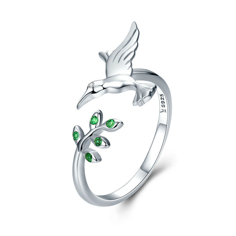 Silver Hummingbird Green Crystal Ring