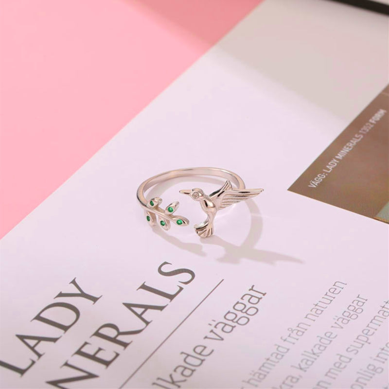 Silver Hummingbird Green Crystal Ring