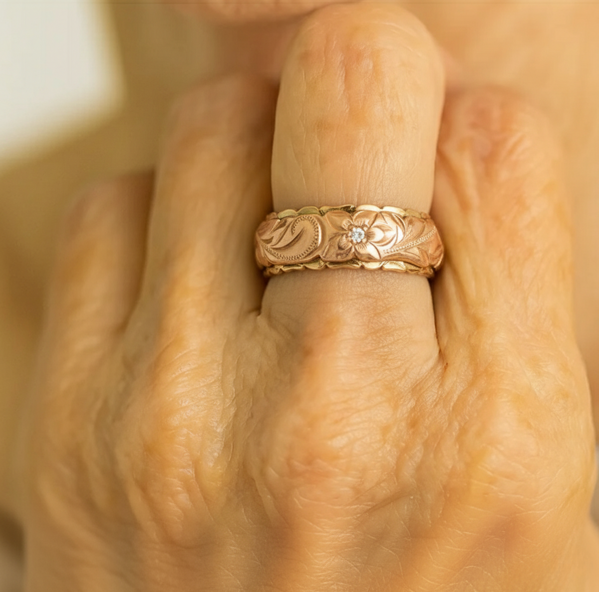 Vintage Rose Floral Engraved Gold Ring
