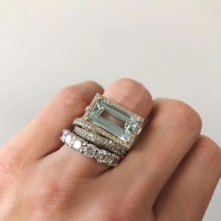 Vintage Silver Emerald Cut Crystal Ring Set
