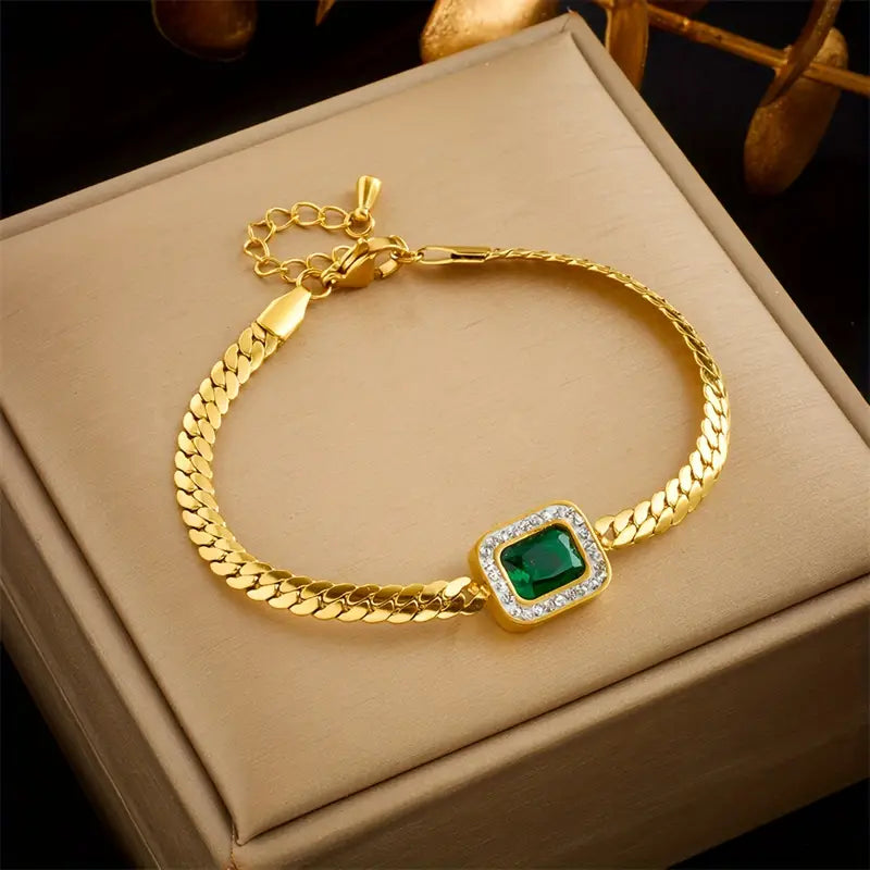 Green Gemstone Gold Chain Bracelet