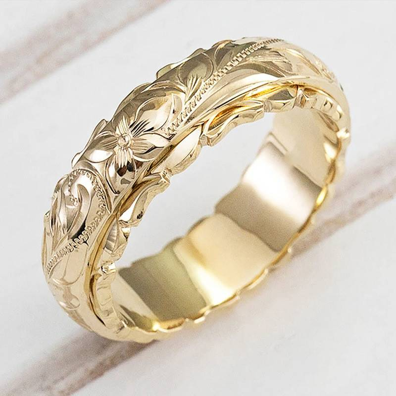 Vintage Floral Engraved Gold Band Ring