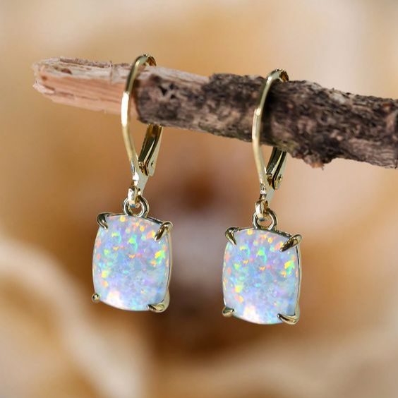 Vintage White Opal Drop Hoop Earrings