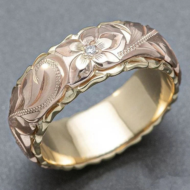 Vintage Rose Floral Engraved Gold Ring