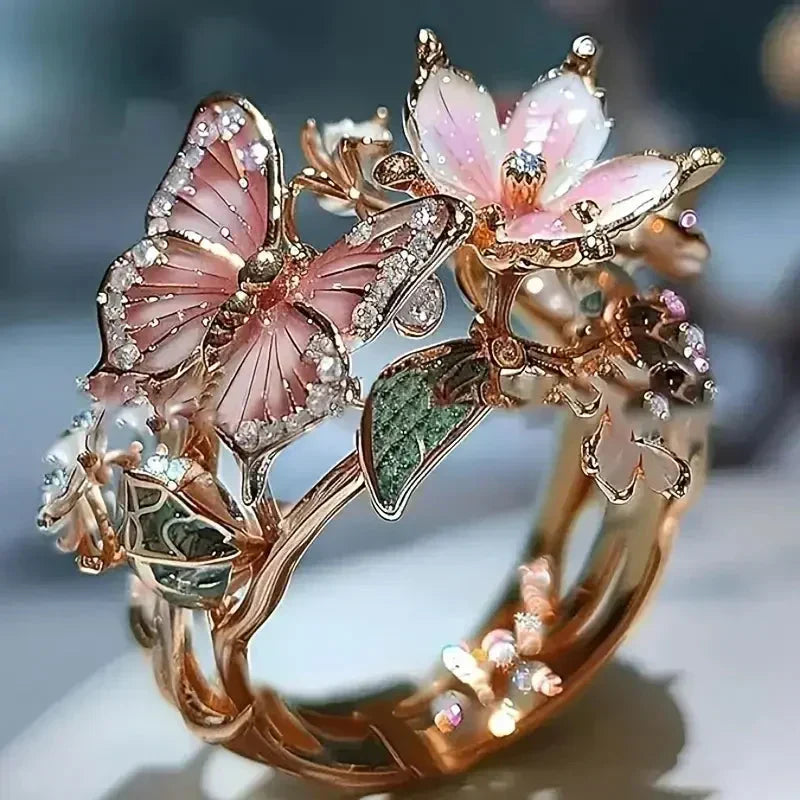 Pink Butterfly Flower Statement Ring