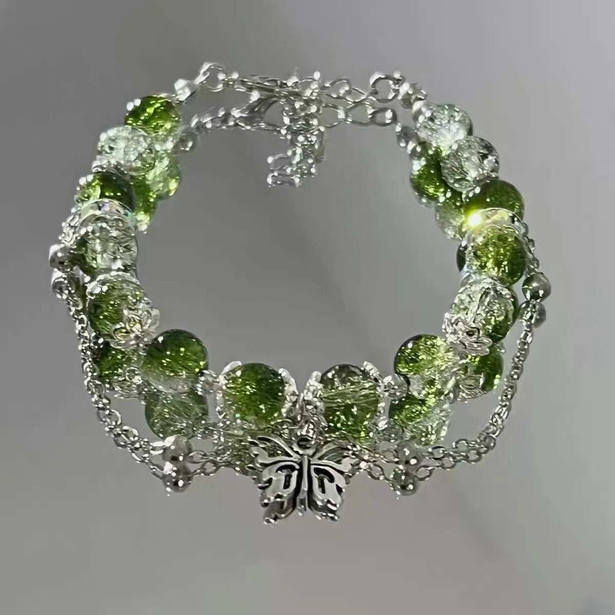 Vintage Silver Butterfly Green Bead Bracelet