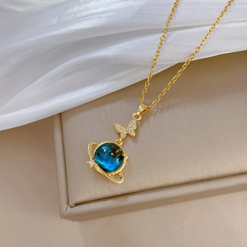 Galaxy Planet Butterfly Pendant Necklace