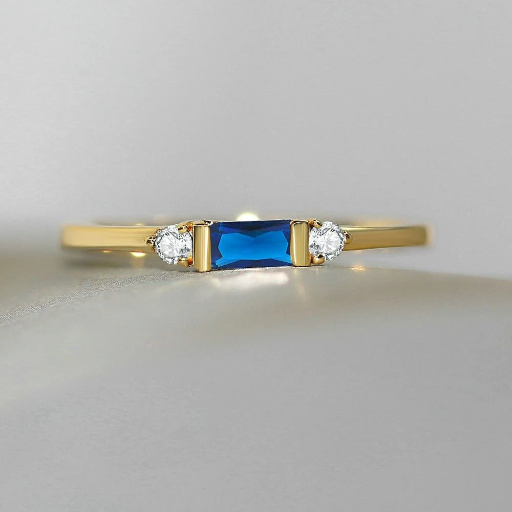 Gold Blue Crystal Solitaire Ring