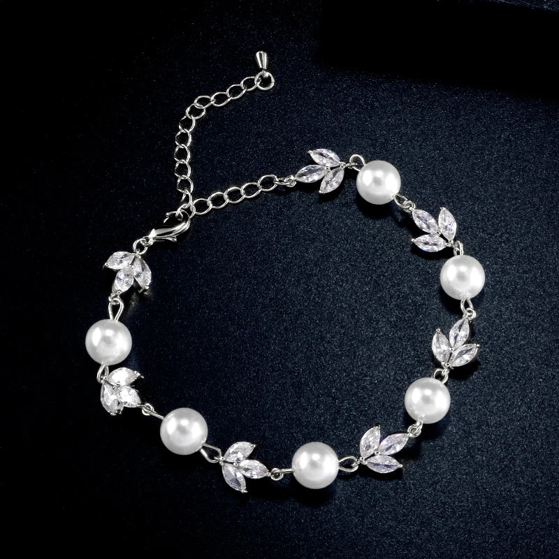 Silver Crystal Leaf Pearl Bracelet